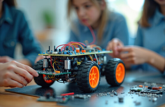 Students build car robot in STEM lab. Young engineers code electronic board using construction equipment for robotic project. Science, technology, math study with AI learning and innovation.