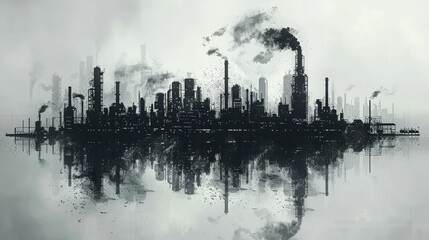 Obraz premium Industrial landscape with smoke stacks reflecting in water