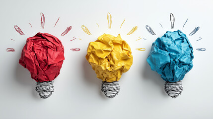 Three crumpled paper balls in red, yellow, and blue drawn as glowing light bulbs