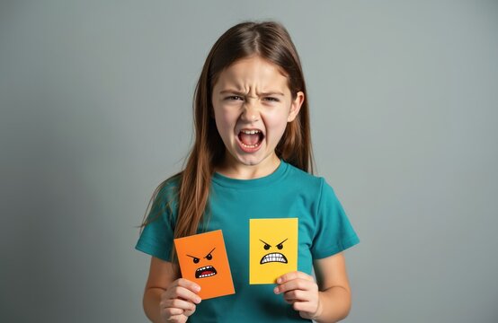Young girl with brown hair wears teal shirt, holds cards showing angry emoji faces. Her expression mirrors cards, mouth open, brows furrowed. Studio shot on grey background.