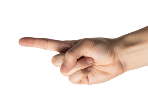Hand with extended index finger pointing sideways, symbolizing direction, instruction, attention, choice, guidance, orientation, indication