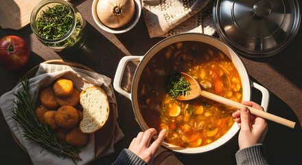 Delicious Home Cooking Scene Featuring A Hearty Soup And Fresh Ingredients Perfectly Lit