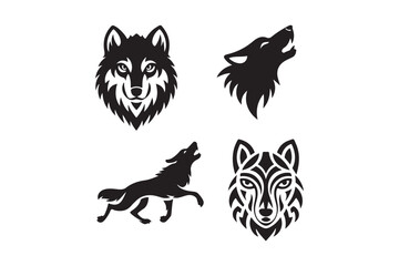 Four stylized wolf illustrations in black and white