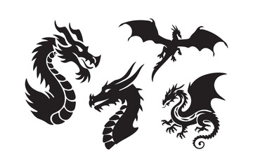 Collection of silhouetted dragon illustrations in various poses