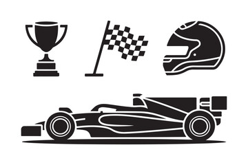 Racing icons formula 1 car trophy helmet and checkered flag