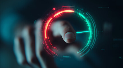 Finger touching a glowing red and green circular interface for selection or a loading process