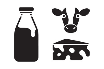 Simple black icons of milk bottle cheese and cow face