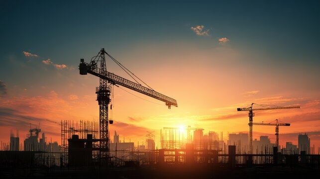 Majestic Cranes Silhouetted Against a Vibrant Sunset Over a Bustling Cityscape Perfect for Inspiring Campaigns and Tranquil Projects.