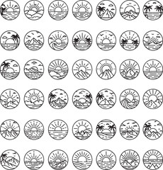 Nature Landscape Line Art Icon Set, Minimalist Sun, Mountain, and Sea Logo Design Collection, Vector Illustration for Travel and Adventure Badges