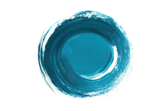 Abstract blue circle with textured edge isolated on transparent background. Turquoise round circle ring in brush stroke shape isolated on white background.