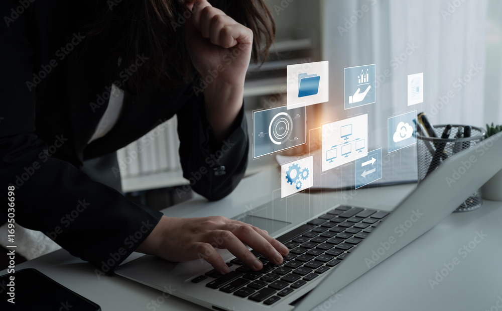 Poster digital business infrastructure with data system, analytics, sync. system management improves access
