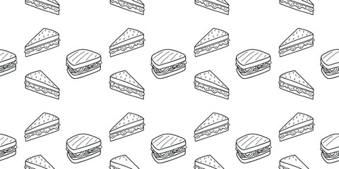 : Seamless dessert pattern with hand drawn cake slice and layered pastry illustration. Sweet bakery background design perfect for  menu, packaging, textile, and wallpaper. Fun doodle sketch style 