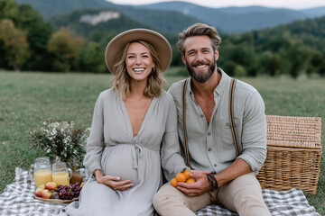 Smiling expecting couple enjoying outdoor picnic in countryside, pregnant woman in flowy dress and wide-brim hat holding belly, rustic maternity lifestyle with food and nature