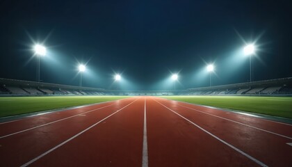 Naklejka premium Empty running track at night, illuminated by stadium lights. Red lanes and green field ready for competition. Focus on speed, fitness, and the pursuit of victory.
