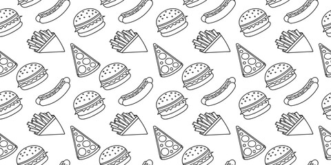 Seamless fast food pattern with hand drawn burger, pizza slice, fries, and illustration. Perfect outline background for menu, packaging, fabric, and wallpaper. Fun doodle design for 