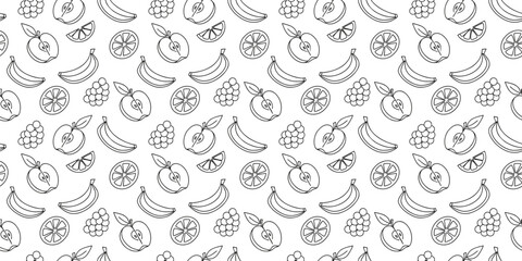 Seamless fruit pattern with hand drawn banana, orange slice, grape, and apple illustration. Perfect outline background for healthy food design, packaging, textile, and wallpaper. Fun sketch style for 