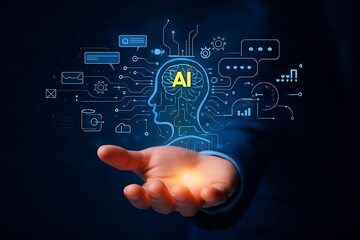 Naklejka premium Businessman Holding Glowing AI Hologram with Futuristic Digital Interface.