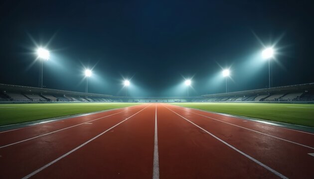 Empty running track at night, illuminated by stadium lights. Red lanes and green field ready for competition. Focus on speed, fitness, and the pursuit of victory.