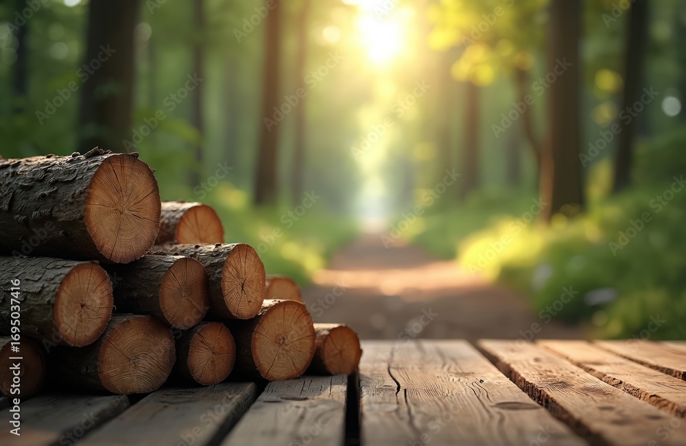 Aufkleber stack of cut wood logs rests on rustic wooden planks. serene forest path with sunlight filtering thr