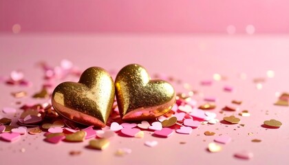 Two golden hearts nestled amidst a scattering of pink and gold confetti on a soft pink background.  Romantic, celebratory