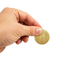 Human hand holding golden bitcoin coin against white background representing digital money technology finance modern future