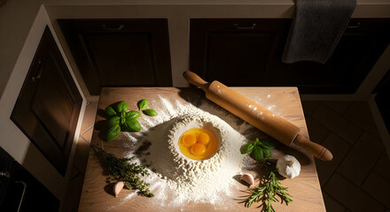 Culinary Scene Displaying Ingredients for Pasta Creation with Eggs, Herbs, and Flour