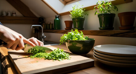 Culinary Preparation: Fresh Herbs Being Finely Chopped in Airy, Bright Kitchen Setting