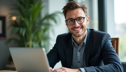 Smiling man in glasses, suit works on laptop. Business professional manages contracts, bookings, offers actor opportunities. Talent agent with organized office, modern workspace. Career growth