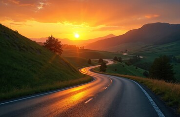 Winding asphalt road through rolling green hills at sunset. Golden hour sun reflects on wet tar. Empty highway stretches toward horizon under dramatic orange sky with clouds. Journey, travel,