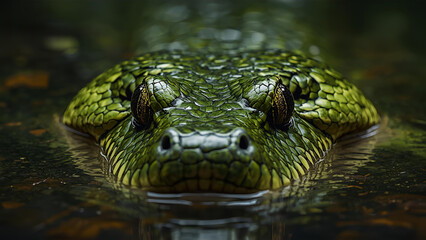 Fototapeta premium Close-up of Green Anaconda Head Emerging from Water