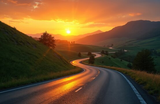 Winding asphalt road through rolling green hills at sunset. Golden hour sun reflects on wet tar. Empty highway stretches toward horizon under dramatic orange sky with clouds. Journey, travel,