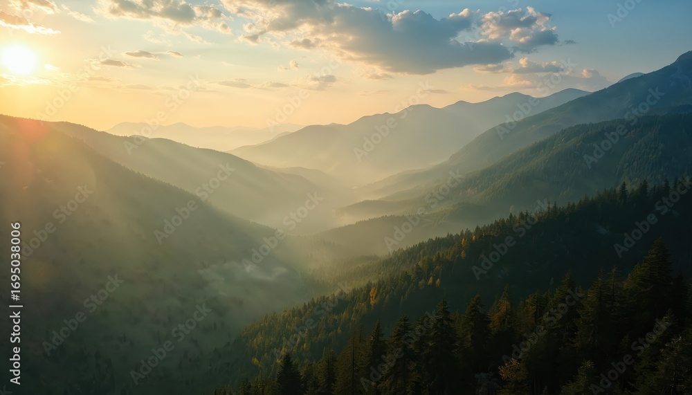Poster aerial view captures sunlit evergreen mountain range shrouded in mist. sunlight streams through fog 
