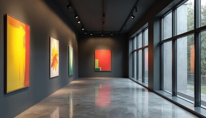 Modern art gallery interior with sleek design. Features abstract colorful paintings on dark walls, illuminated by track lighting. Polished concrete floor reflects artwork, space. Large windows offer