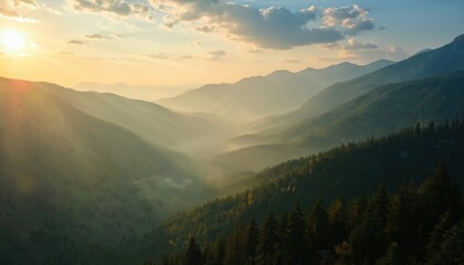 Aerial view captures sunlit evergreen mountain range shrouded in mist. Sunlight streams through fog creating layers of depth. Forests cover slopes, hinting at mystery, wilderness. Serene nature scene