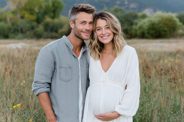 Smiling expecting couple standing in wildflower field with mountain backdrop, pregnant woman in white dress holding baby bump, romantic outdoor maternity lifestyle portrait