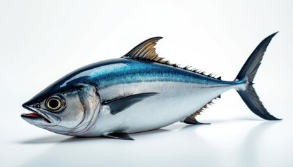 Fototapeta premium Whole raw fish, likely tuna similar species, presented on clean white background. Scales shimmer with blue, silver tones. Open mouth with sharp teeth visible, signifying predator. Image suitable for