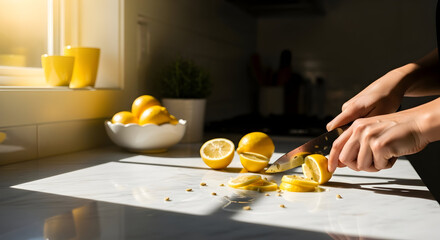 Cutting Fresh Lemons On The Countertop, Sunny Kitchen Scene, Preparing Citrus Fruits