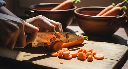 Cutting Fresh Carrots On A Wooden Board in Sunlight Ready For Cooking Food Preparation