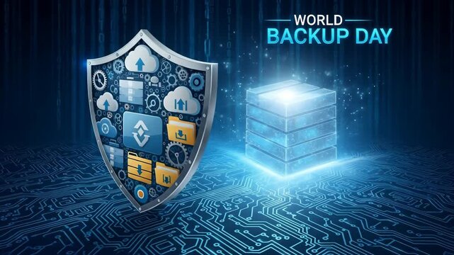 Cybersecurity awareness: highlighting world backup day with data shield and digital network security