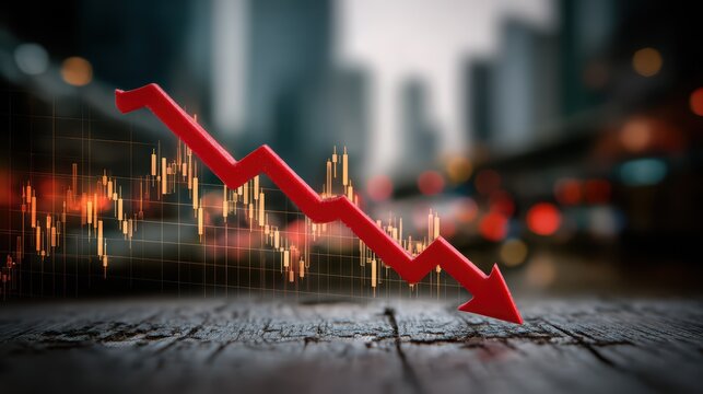 Striking Cityscape with Downward Red Arrow symbolizing Financial Crisis and Economic Downturn, Perfect for Business Presentations or HighImpact Campaigns.