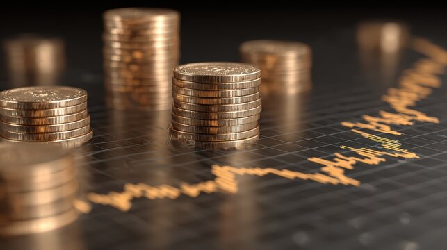 Detailed Financial Diagram with CloseUp of Gold Coins, Ideal for Business Presentations Boosting Investor Confidence.