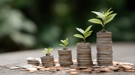 Stacked Coins with Growing Plant Unconventional Financial Growth Symbol, Perfect for Creative Campaigns, Inspiring Innovation and Persistence.