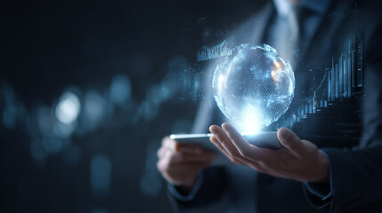 Businessman Analyzing Holographic Global Data and Growing Financial Charts