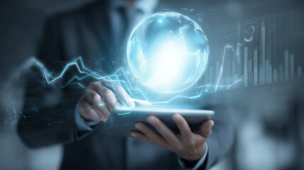 Businessman Interacting with a Glowing Digital Data Sphere and Electric Arcs