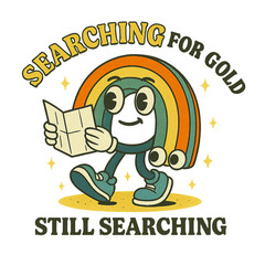 Retro rainbow character searching for gold with map isolated on transparent background