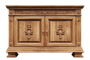 Antique wooden cabinet with two doors isolated on transparent background. Wooden cabinet isolated on white background.