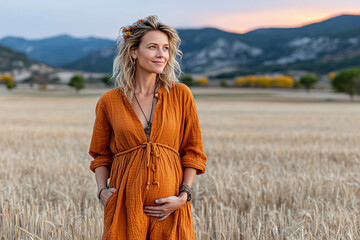 Pregnant woman in orange dress standing in golden wheat field at sunset, holding baby bump and smiling peacefully, autumn maternity portrait with mountain view and natural light