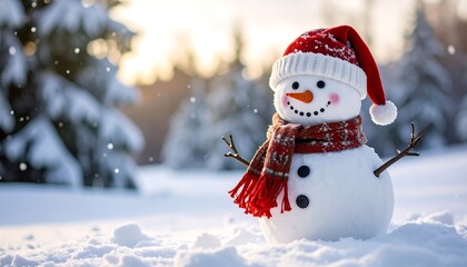 Fototapeta premium A cheerful snowman, sporting a festive red and white hat and scarf, stands in a snowy landscape.
