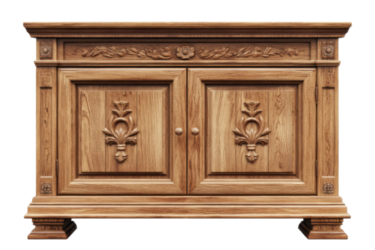 Antique wooden cabinet with two doors isolated on transparent background. Wooden cabinet isolated on white background.