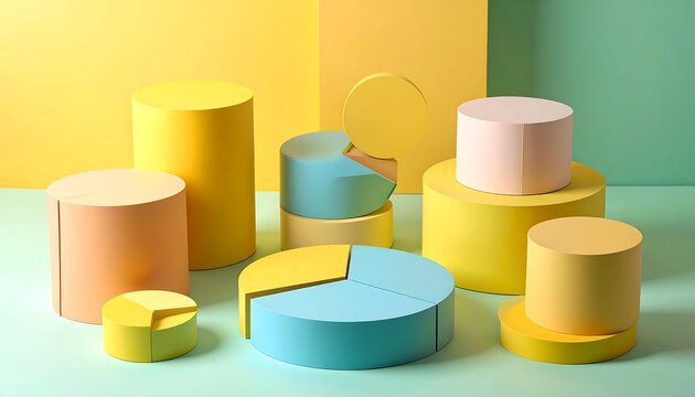 A collection of pastel-colored cylindrical and pie-chart-shaped 3D objects are arranged against a backdrop of soft yellow and mint green. 